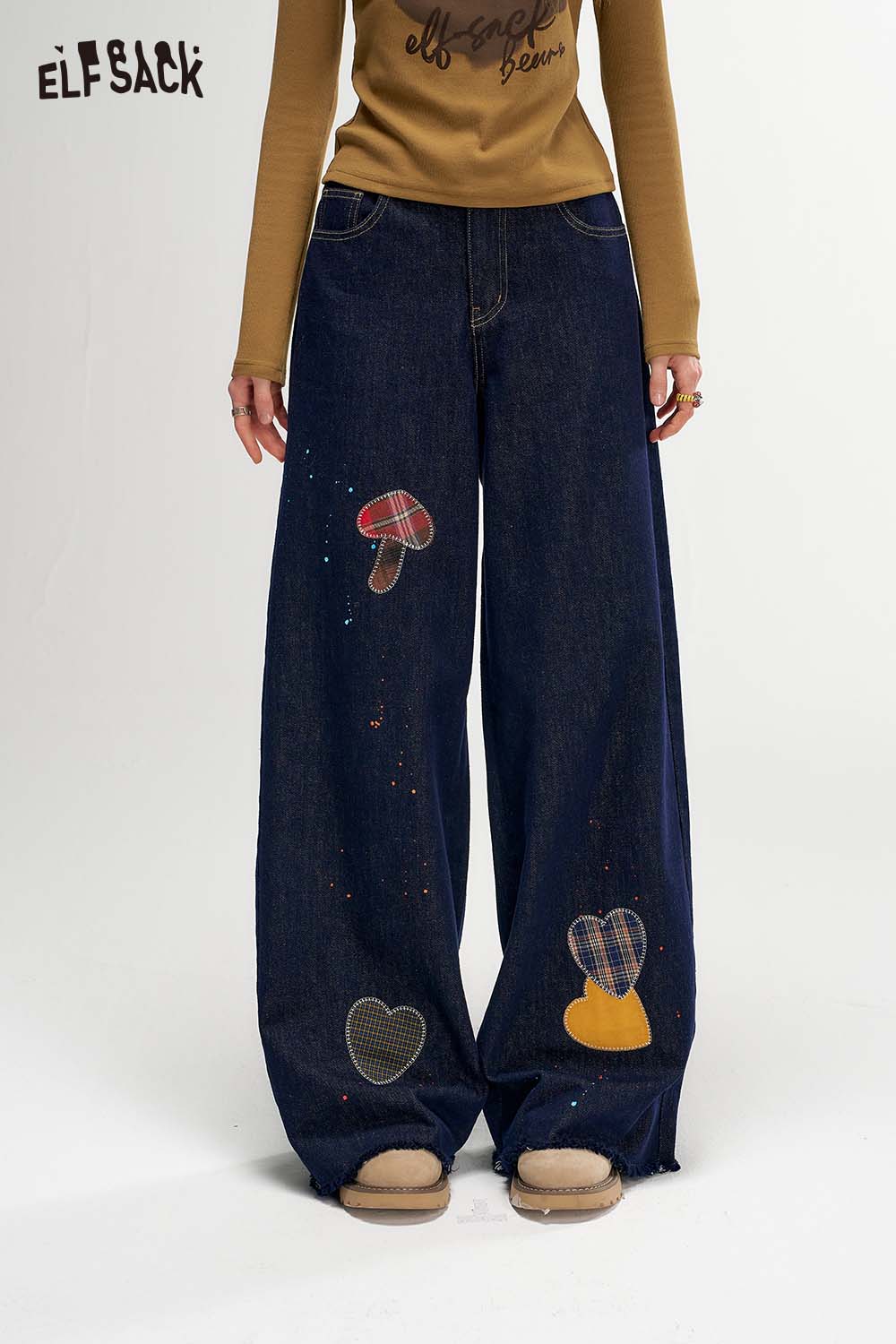 ELFSACK Raw Edge Graphic Wide Leg Straight Floor Length Jeans