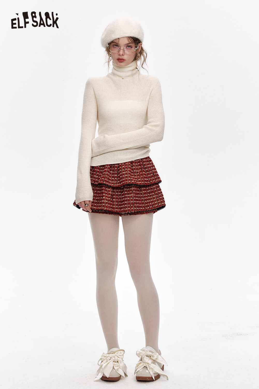ELFSACK Red Plaid Tiered Mini Sweet Short Skirt