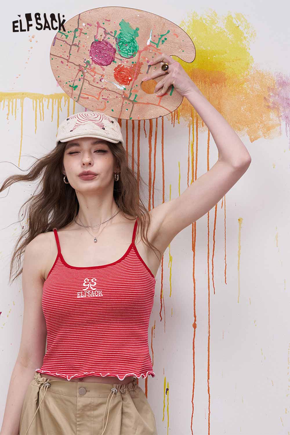 ELFSACK Red White Striped Beaded Knit Cami Top