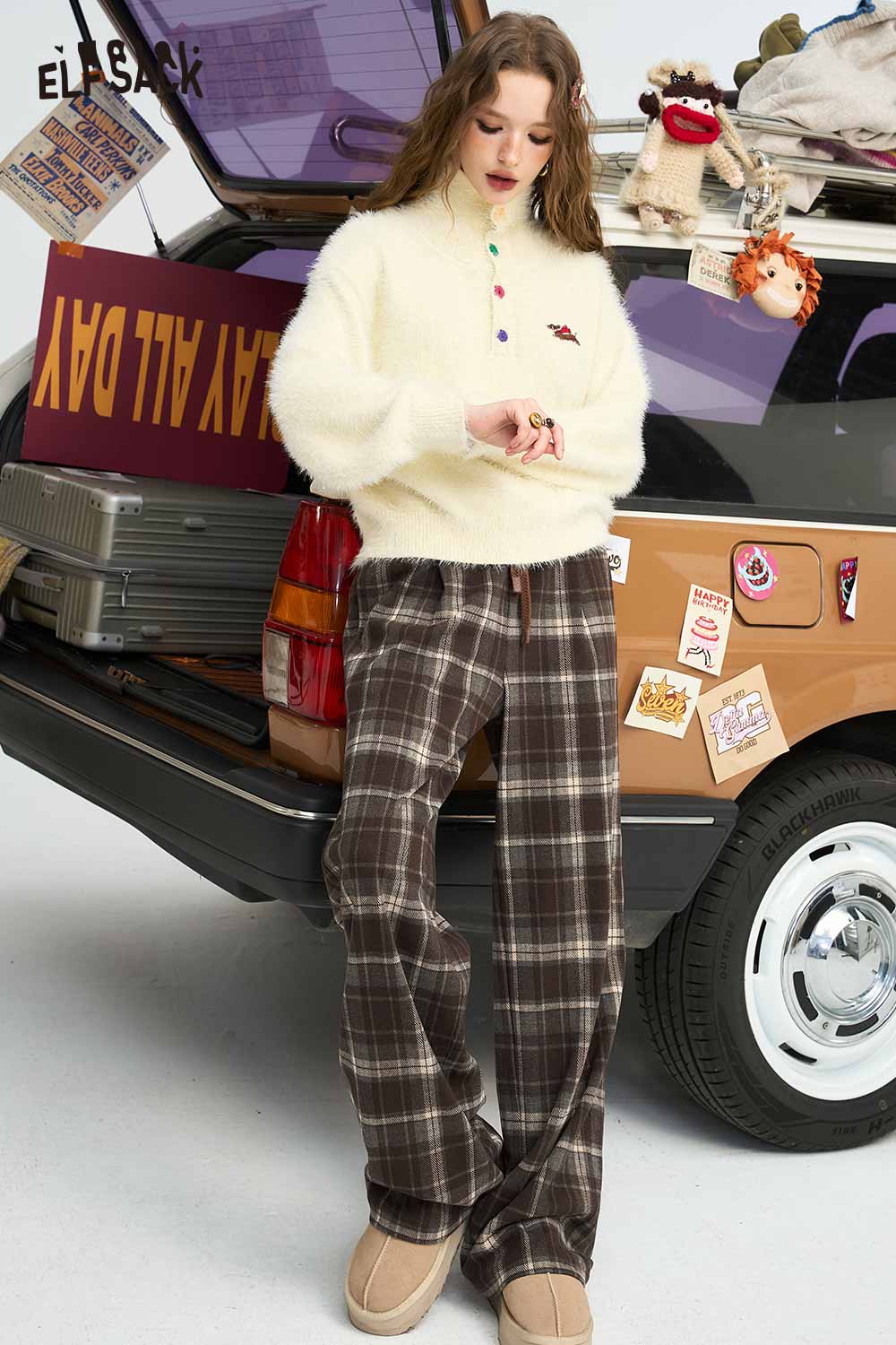 ELFSACK Relaxed Vintage Plaid Casual Wide Leg Loose Pants
