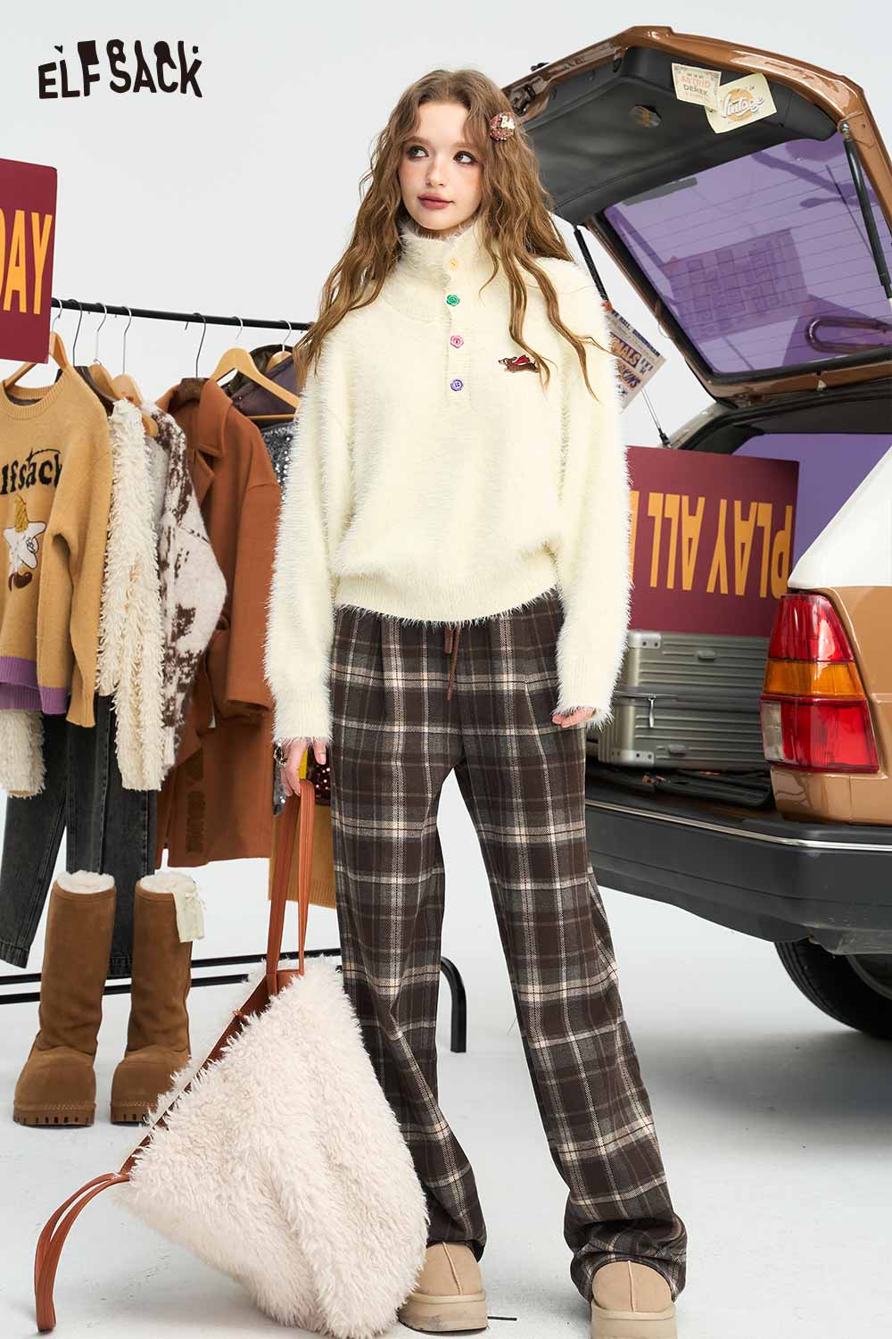 ELFSACK Relaxed Vintage Plaid Casual Wide Leg Loose Pants