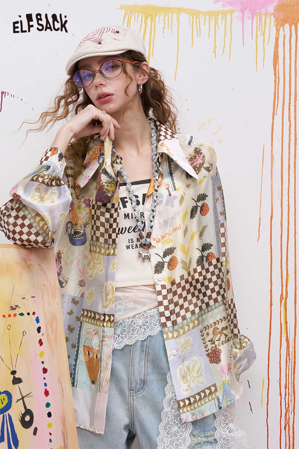 ELFSACK Resort Novelty Print Shirt with Butterfly Collar