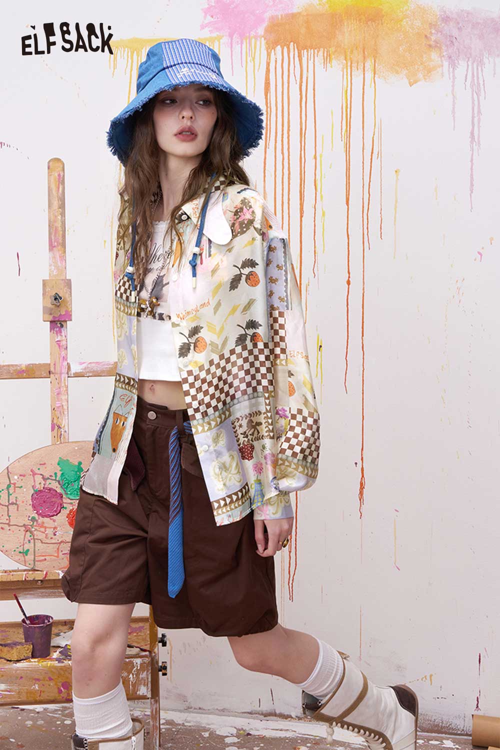 ELFSACK Resort Novelty Print Shirt with Butterfly Collar