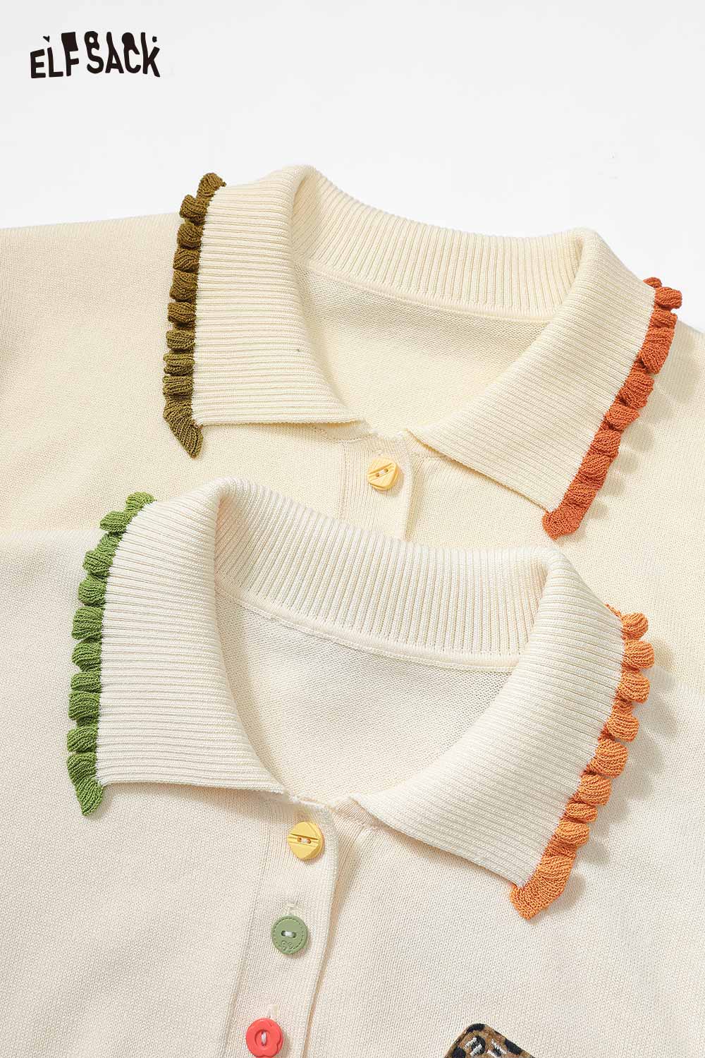 ELFSACK Retro Color Block Patchwork Long Sleeve Faux Ice Silk Knit Sweater