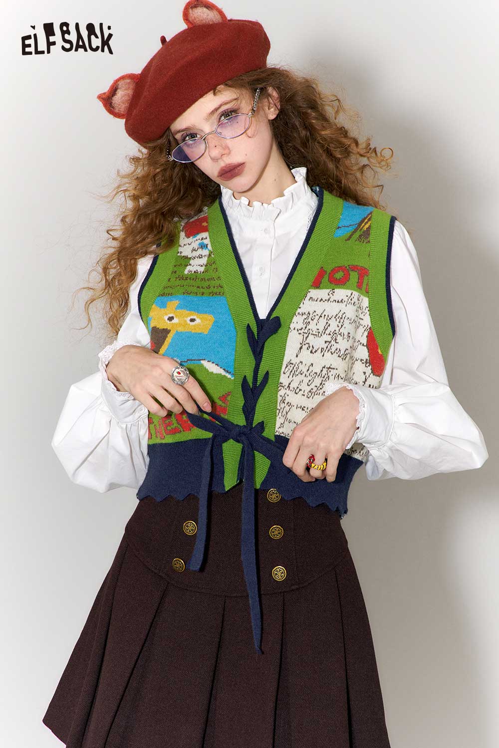 ELFSACK Retro Denim Knit Blend Cartoon Jacquard Star Patch Vest
