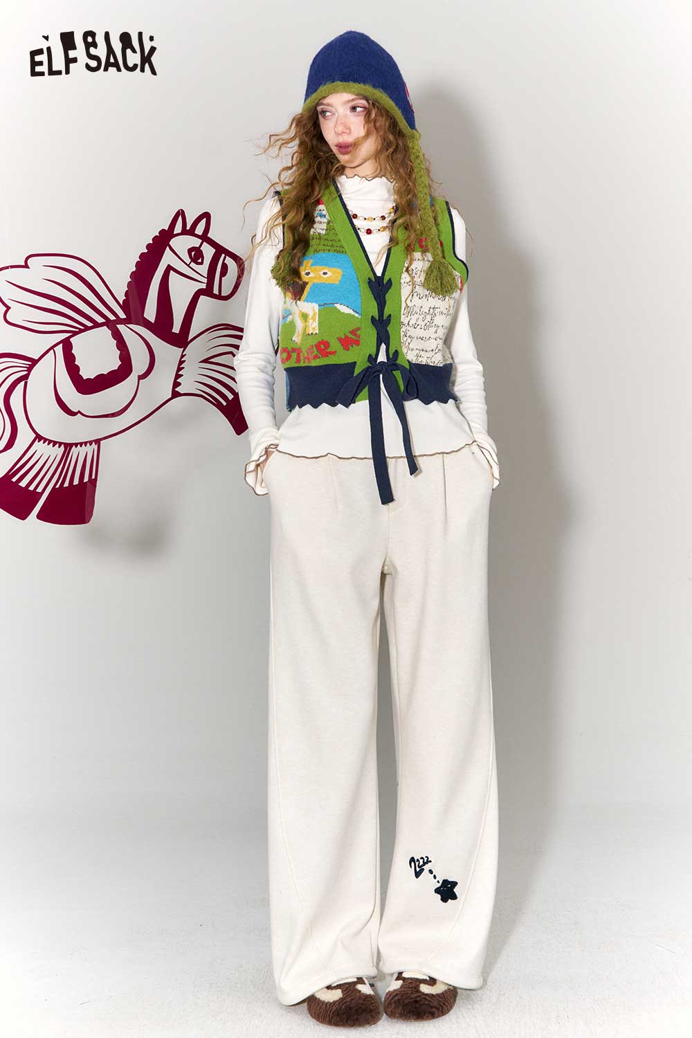 ELFSACK Retro Denim Knit Blend Cartoon Jacquard Star Patch Vest