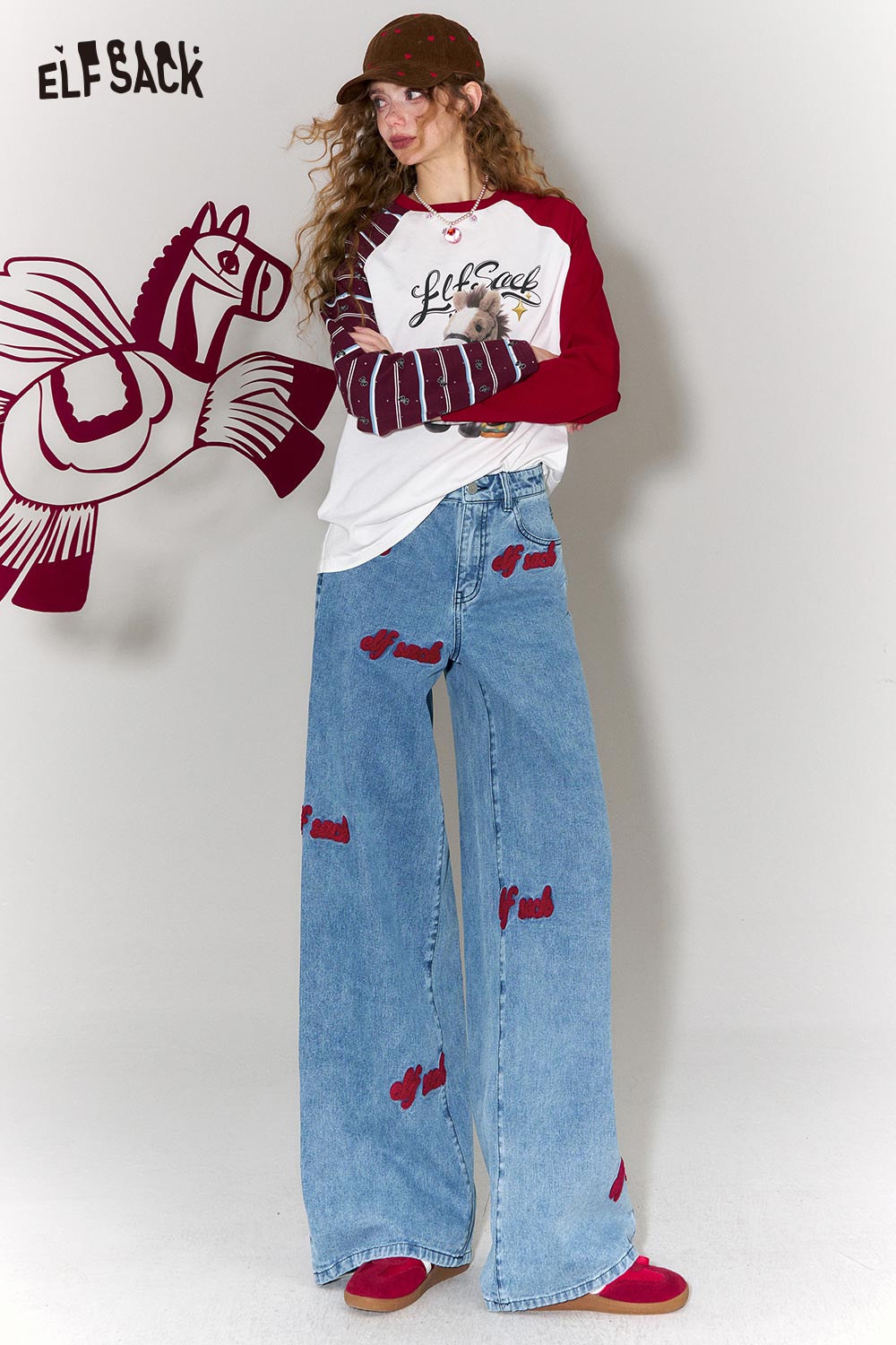 ELFSACK Versatile Retro Letter Embroidered Blue Jeans