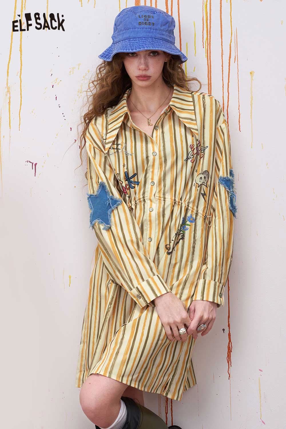 ELFSACK Retro Midi Dress with Graffiti Stripe