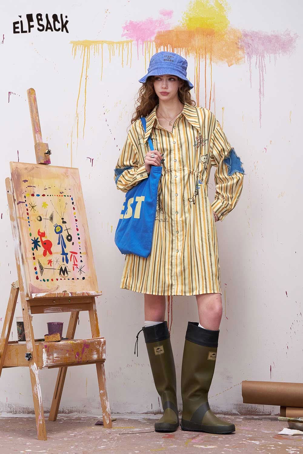 ELFSACK Retro Midi Dress with Graffiti Stripe