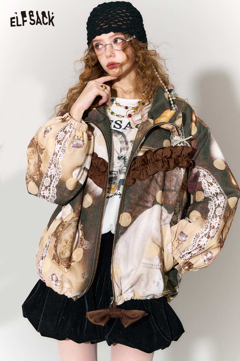 ELFSACK Retro Loose Fit Print Flounce Lace Bow Padded Jacket