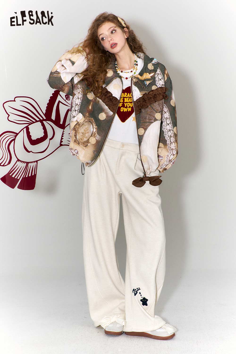 ELFSACK Retro Loose Fit Print Flounce Lace Bow Padded Jacket