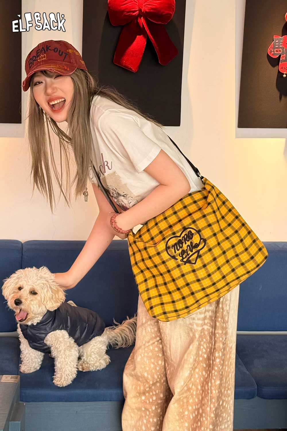 ELFSACK Retro Plaid Crossbody Bag with Heart Letter Embroidery