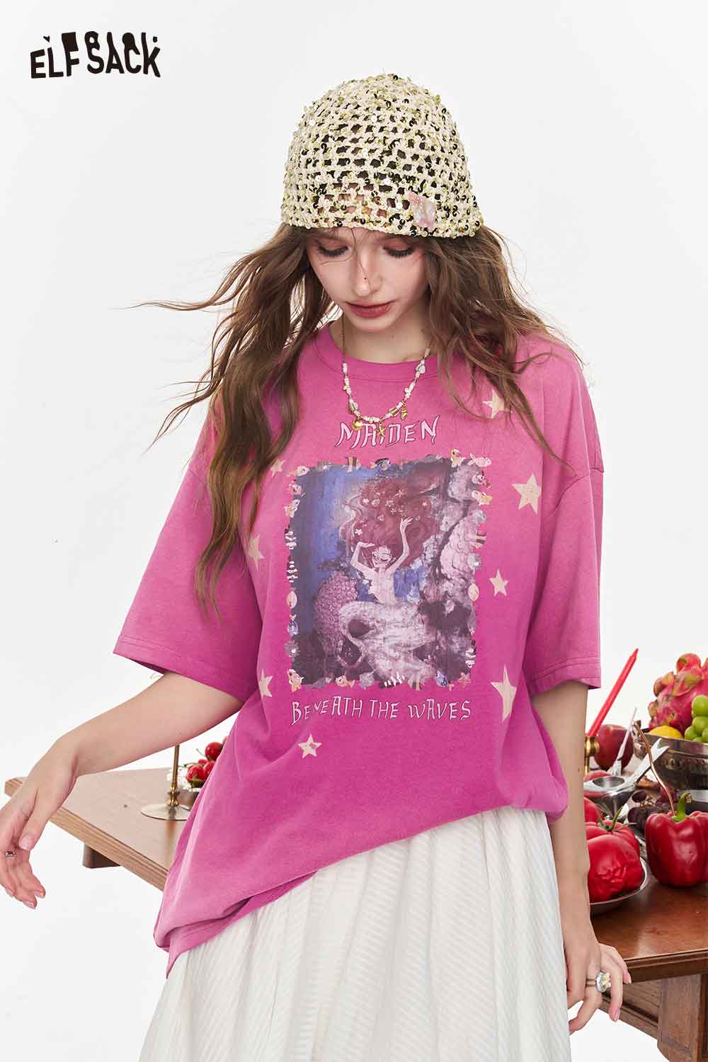 ELFSACK Retro Washed Pink Mermaid Graphic Tee