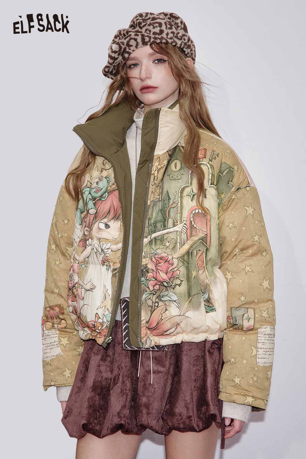 ELFSACK Nylon Shell Reversible All Over Cartoon Graphic Puffer Jacket