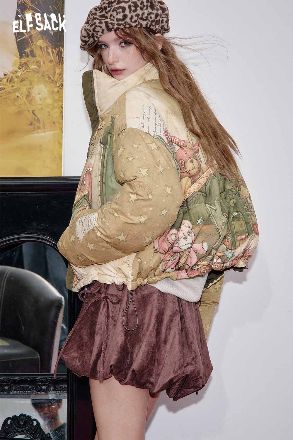 ELFSACK Nylon Shell Reversible All Over Cartoon Graphic Puffer Jacket