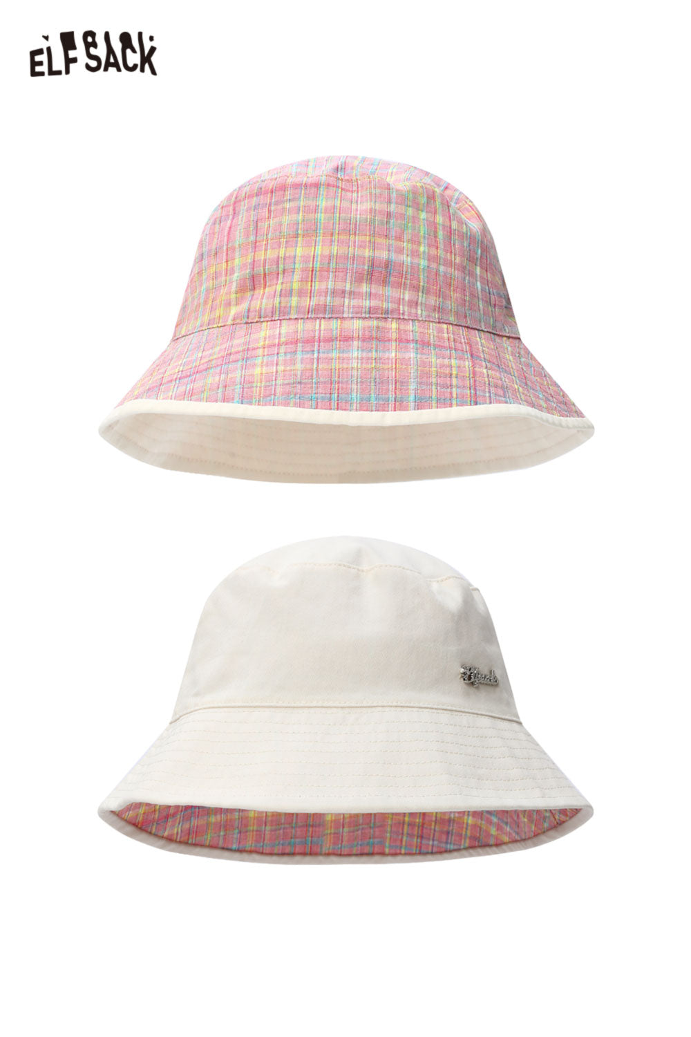 ELFSACK Reversible Plaid & Solid Bucket Hat
