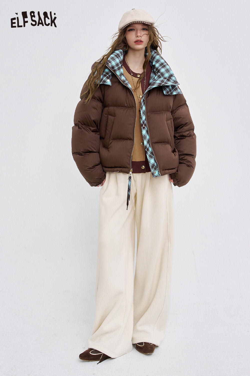 ELFSACK Soft Reversible Y2K Striped Short High Neck Hooded Down Jacket