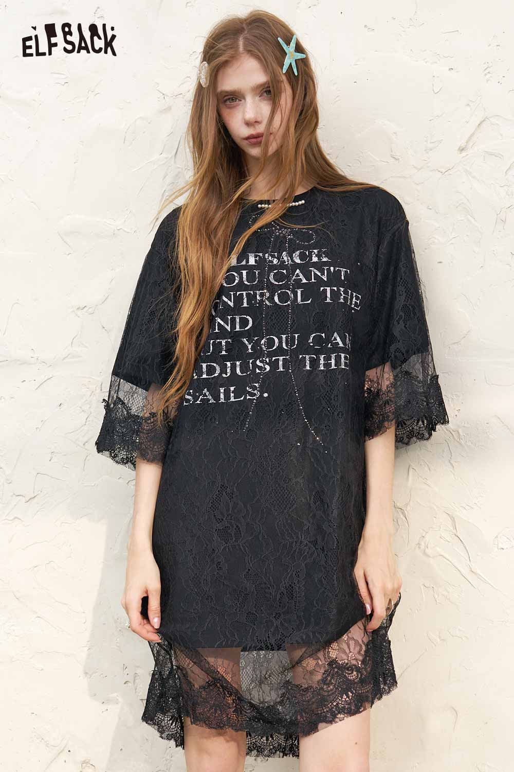 ELFSACK Rhinestone Bow Lace Patchwork T Shirt Dress