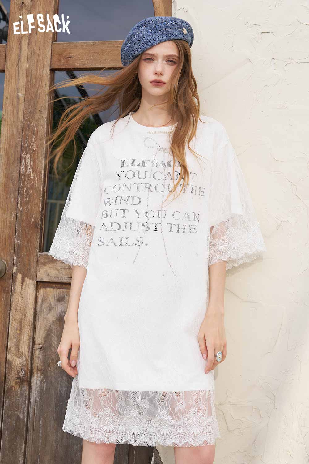 ELFSACK Rhinestone Bow Lace Patchwork T Shirt Dress