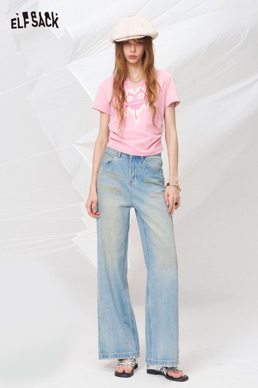 ELFSACK Rhinestone Washed Wide Leg Jeans