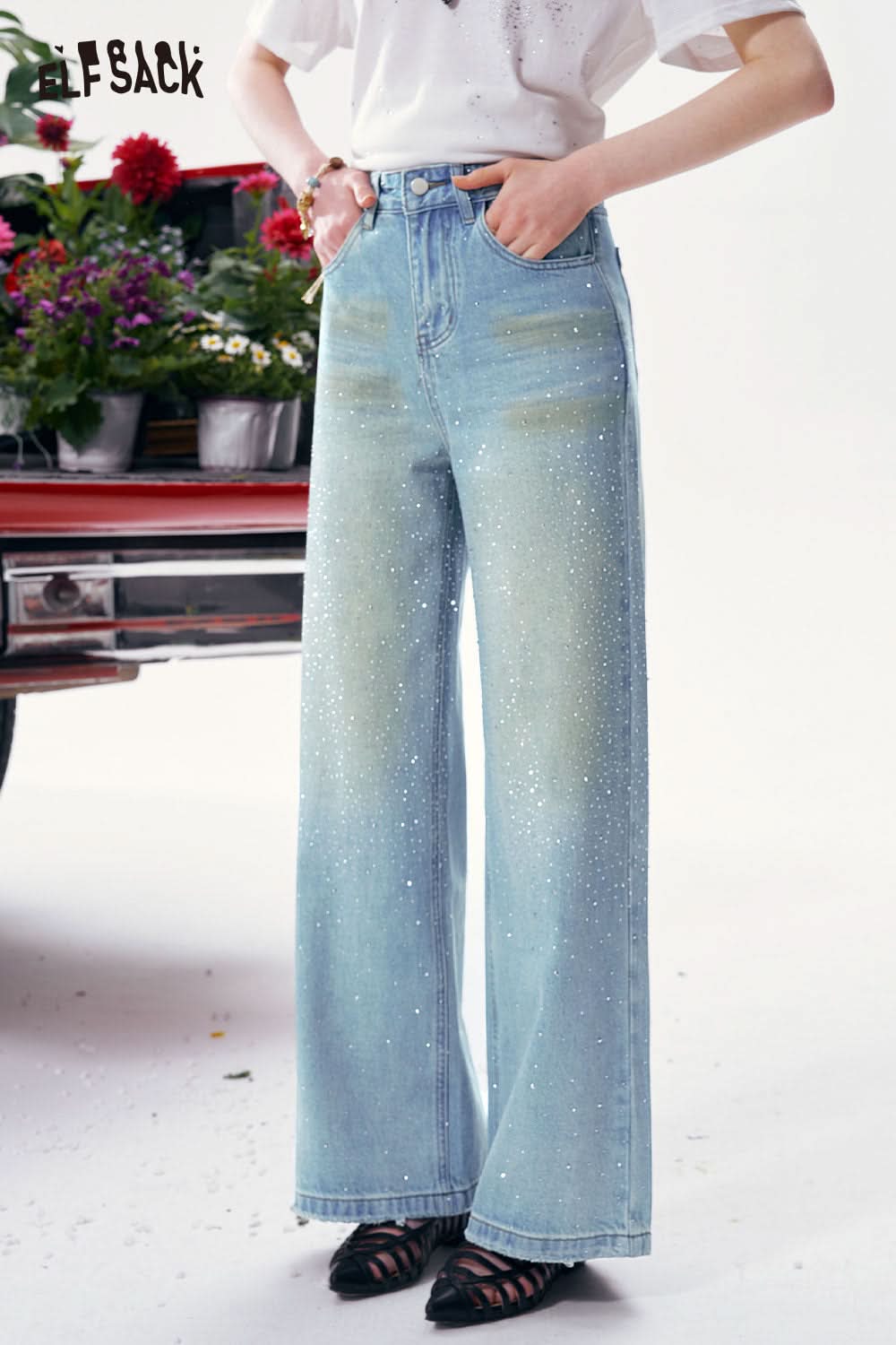 ELFSACK Rhinestone Washed Wide Leg Jeans