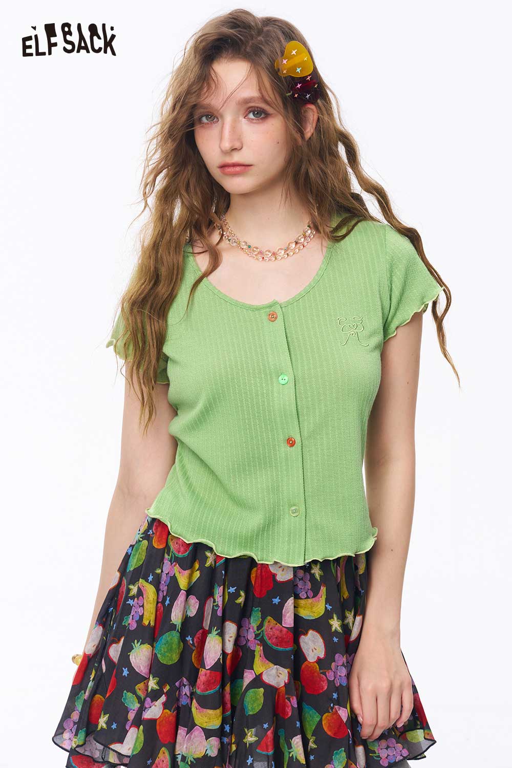 ELFSACK Ribbed Knit Ruffle Crop Tee