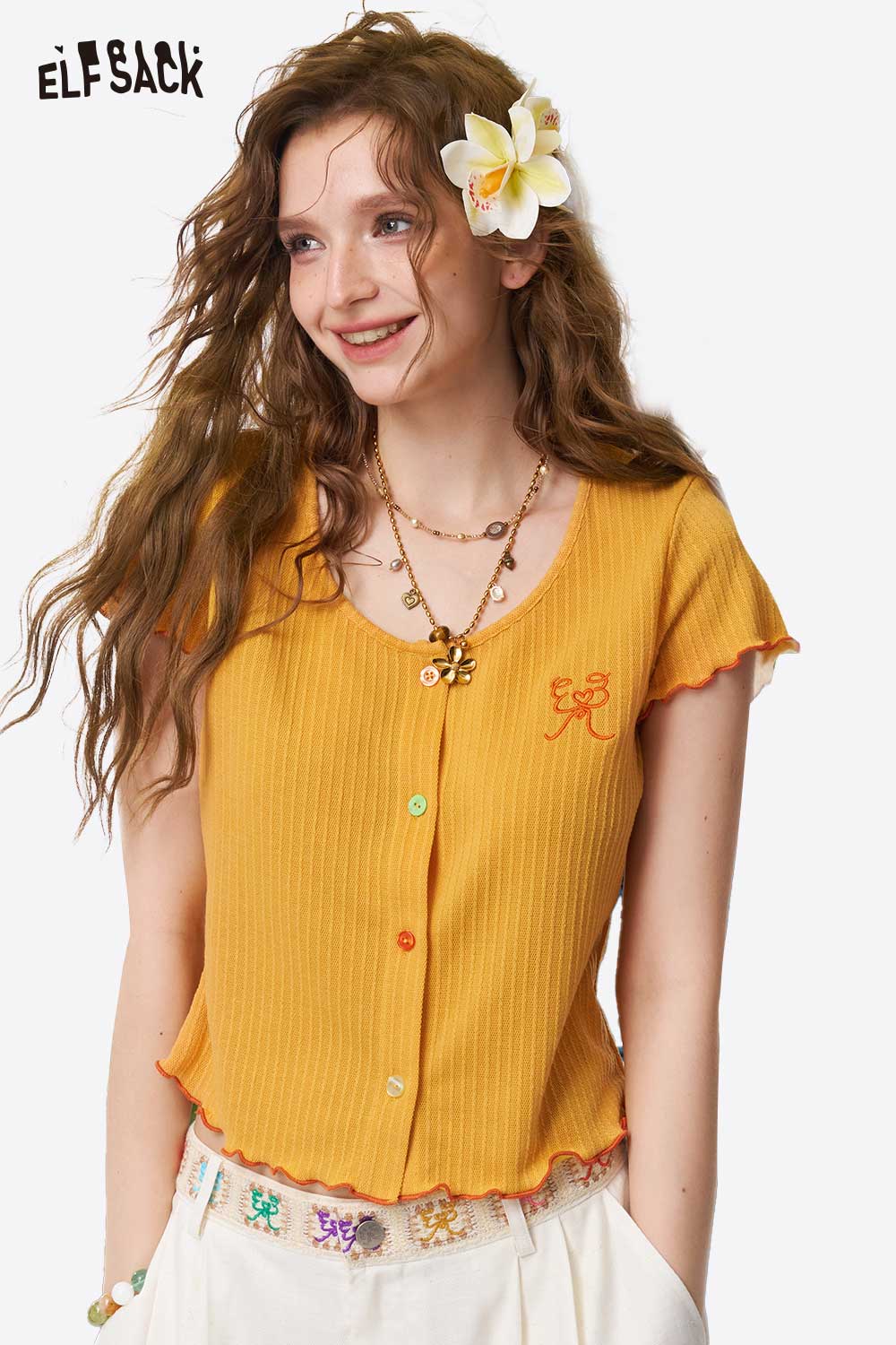 ELFSACK Ribbed Knit Ruffle Crop Tee