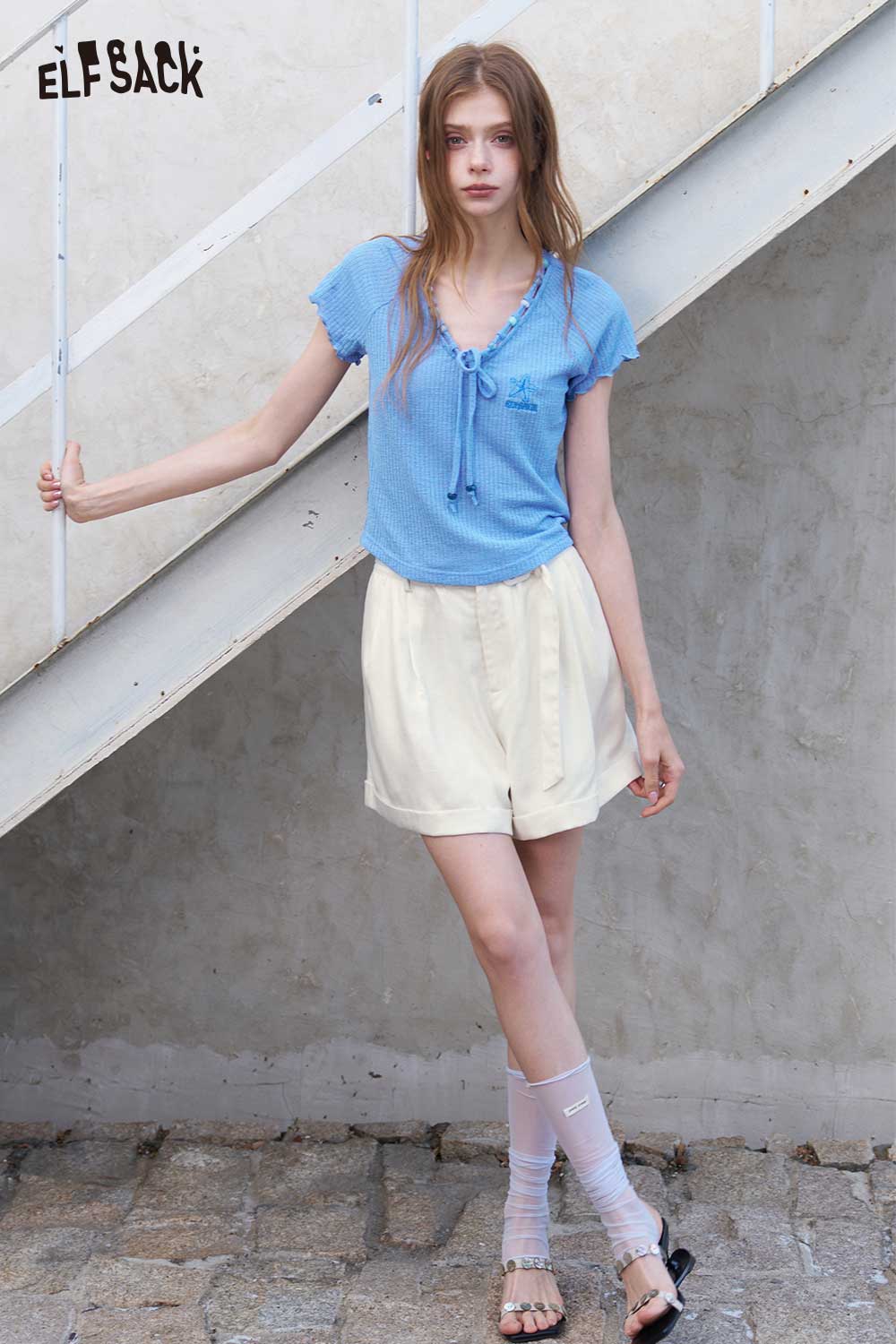 ELFSACK Ribbed Knit Tie V Neck Blue Tee