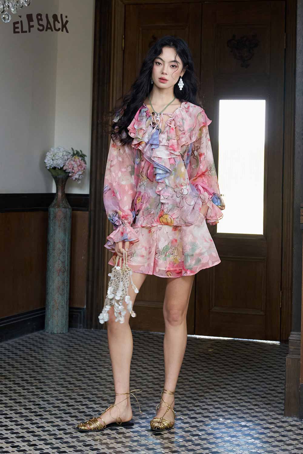 ELFSACK Rich Flower Ombre Ruffle 2 Piece Set