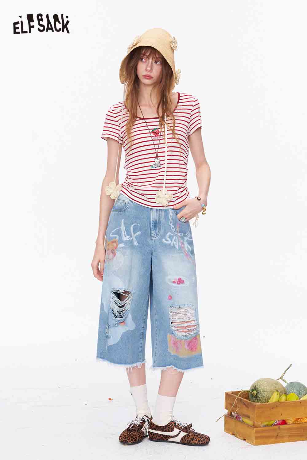 ELFSACK Ripped Graffiti Wide Leg Culotte Jeans