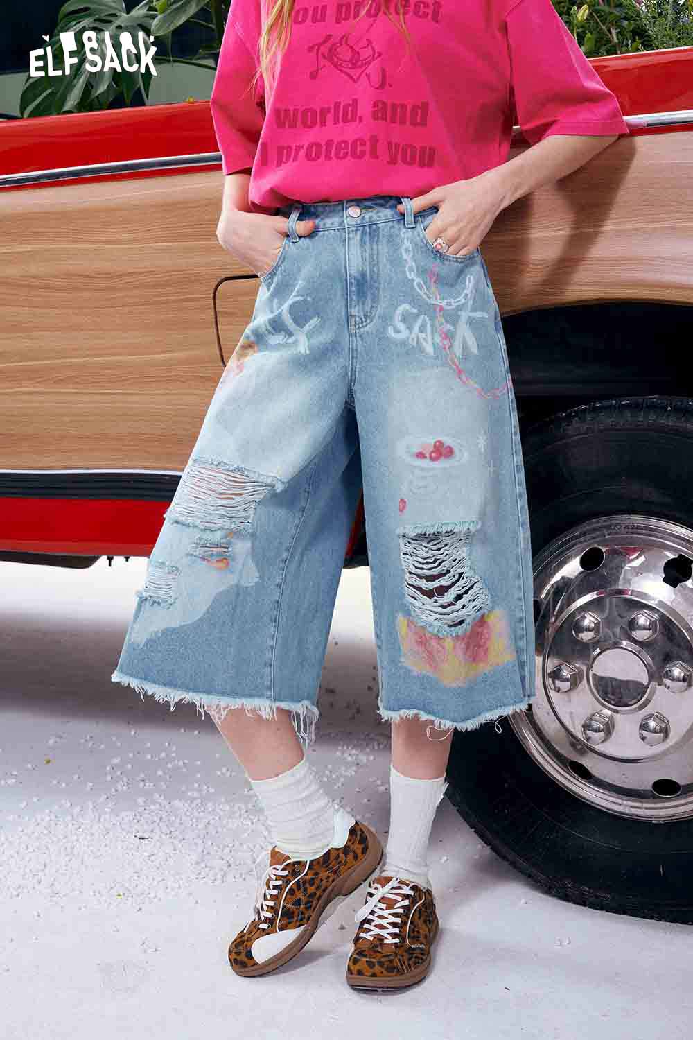 ELFSACK Ripped Graffiti Wide Leg Culotte Jeans