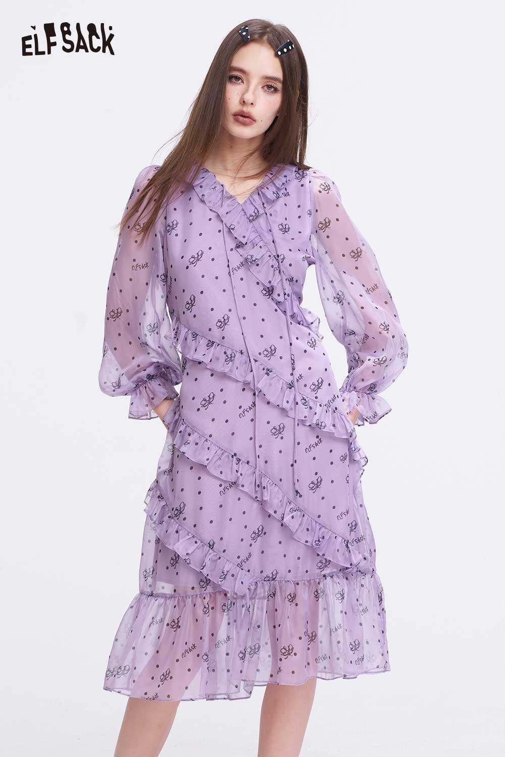 ELFSACK Romantic Chiffon Dress with Polka Dot