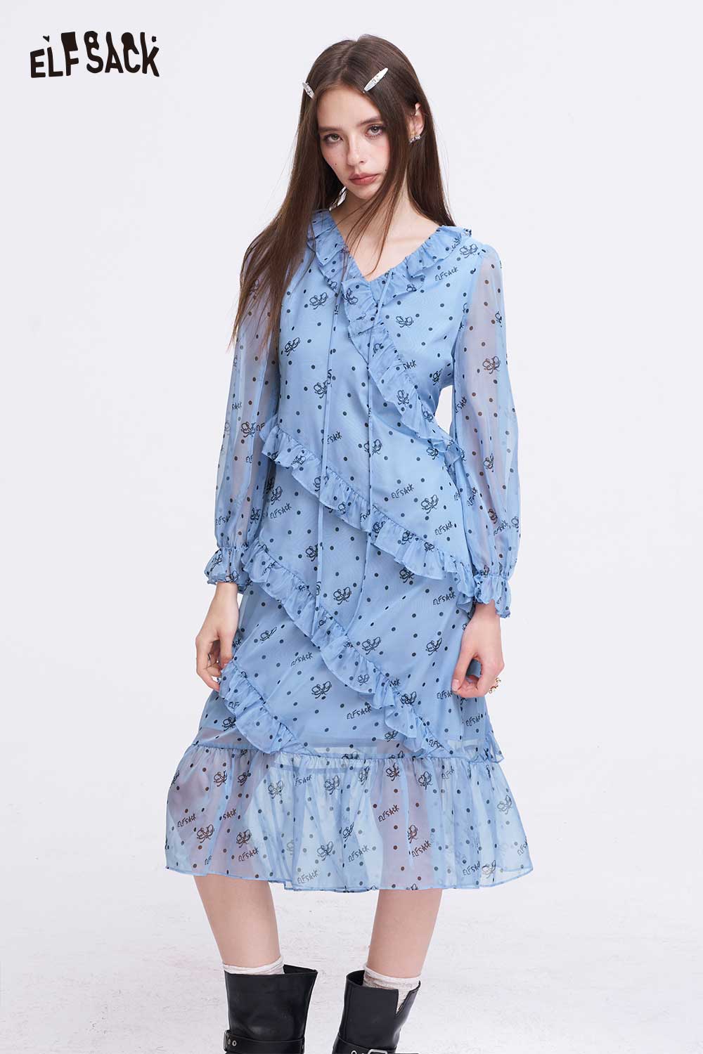 ELFSACK Romantic Chiffon Dress with Polka Dot