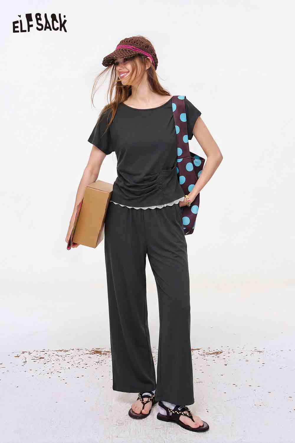 ELFSACK Ruched Lace Trim Top and Wide Leg Pants Set