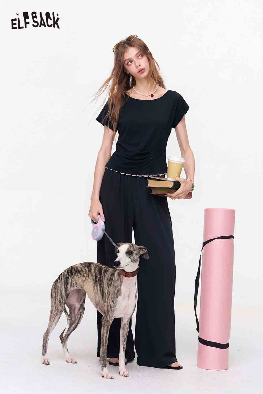 ELFSACK Ruched Lace Trim Top and Wide Leg Pants Set