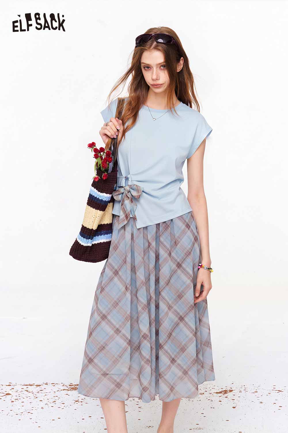 ELFSACK Ruched Top and Plaid Skirt Set