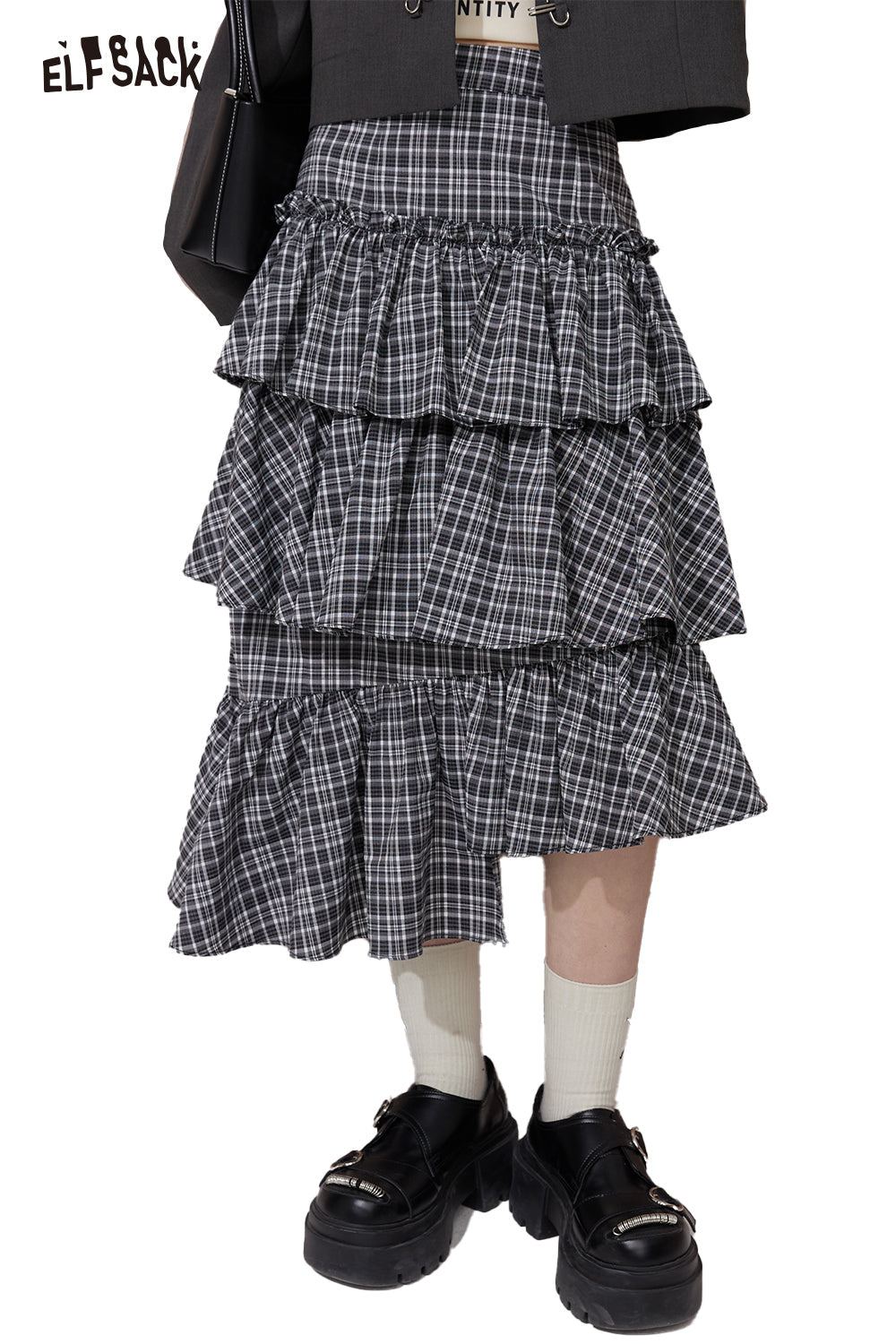 ELFSACK Ruffle Asymmetric Plaid Tiered Midi Skirt