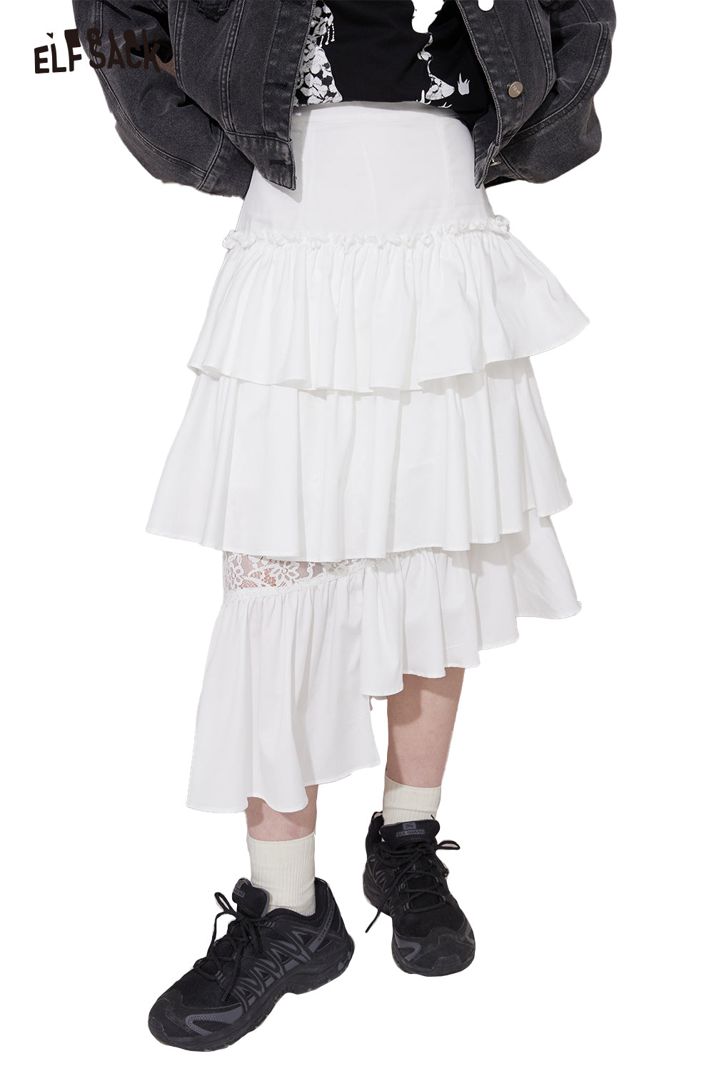 ELFSACK Ruffle Asymmetric Plaid Tiered Midi Skirt