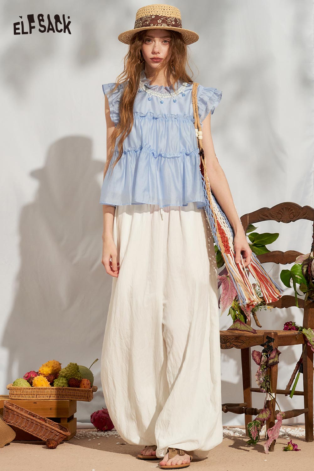 ELFSACK Ruffle Flutter Sleeve Tiered Chiffon Blouse