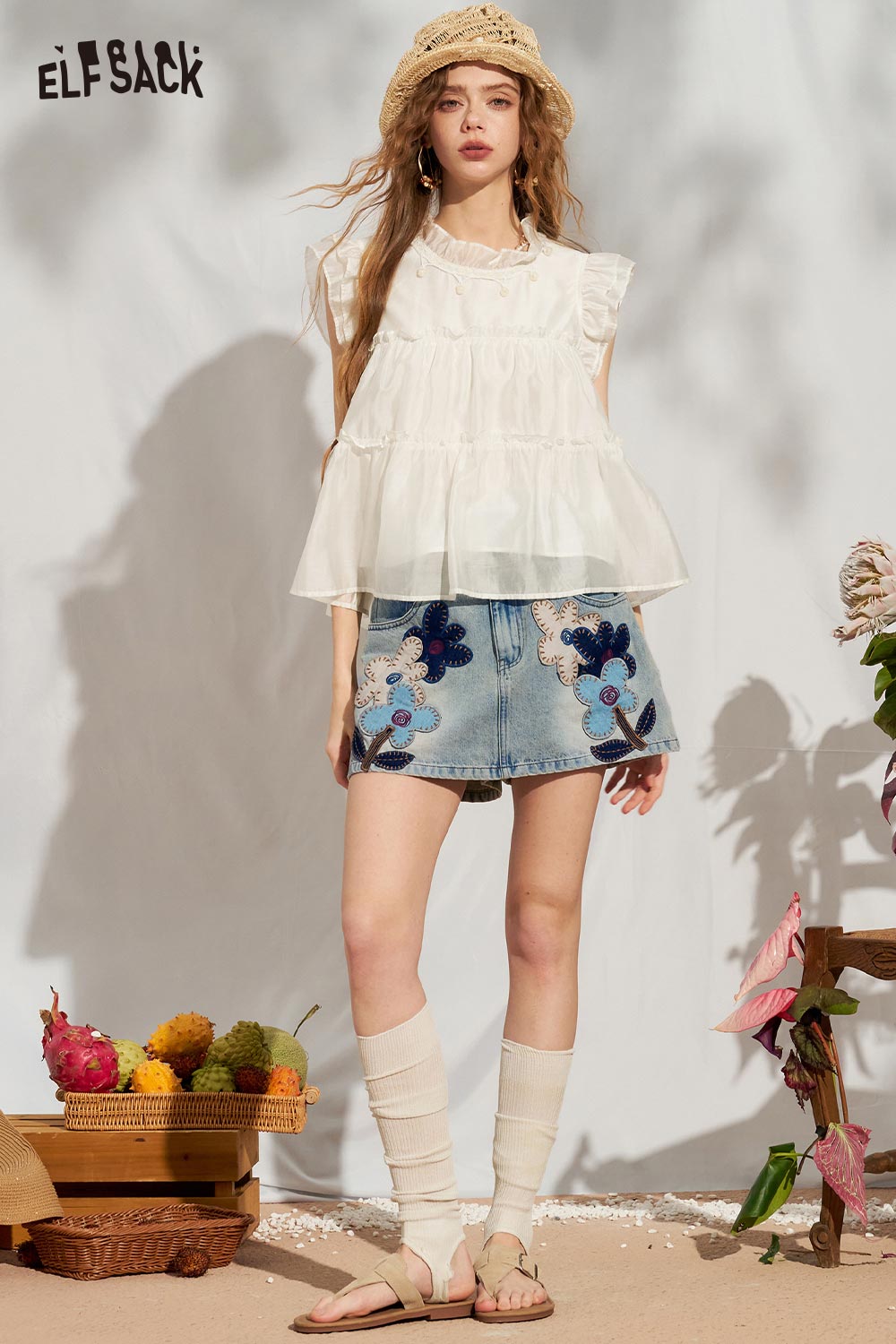 ELFSACK Ruffle Flutter Sleeve Tiered Chiffon Blouse