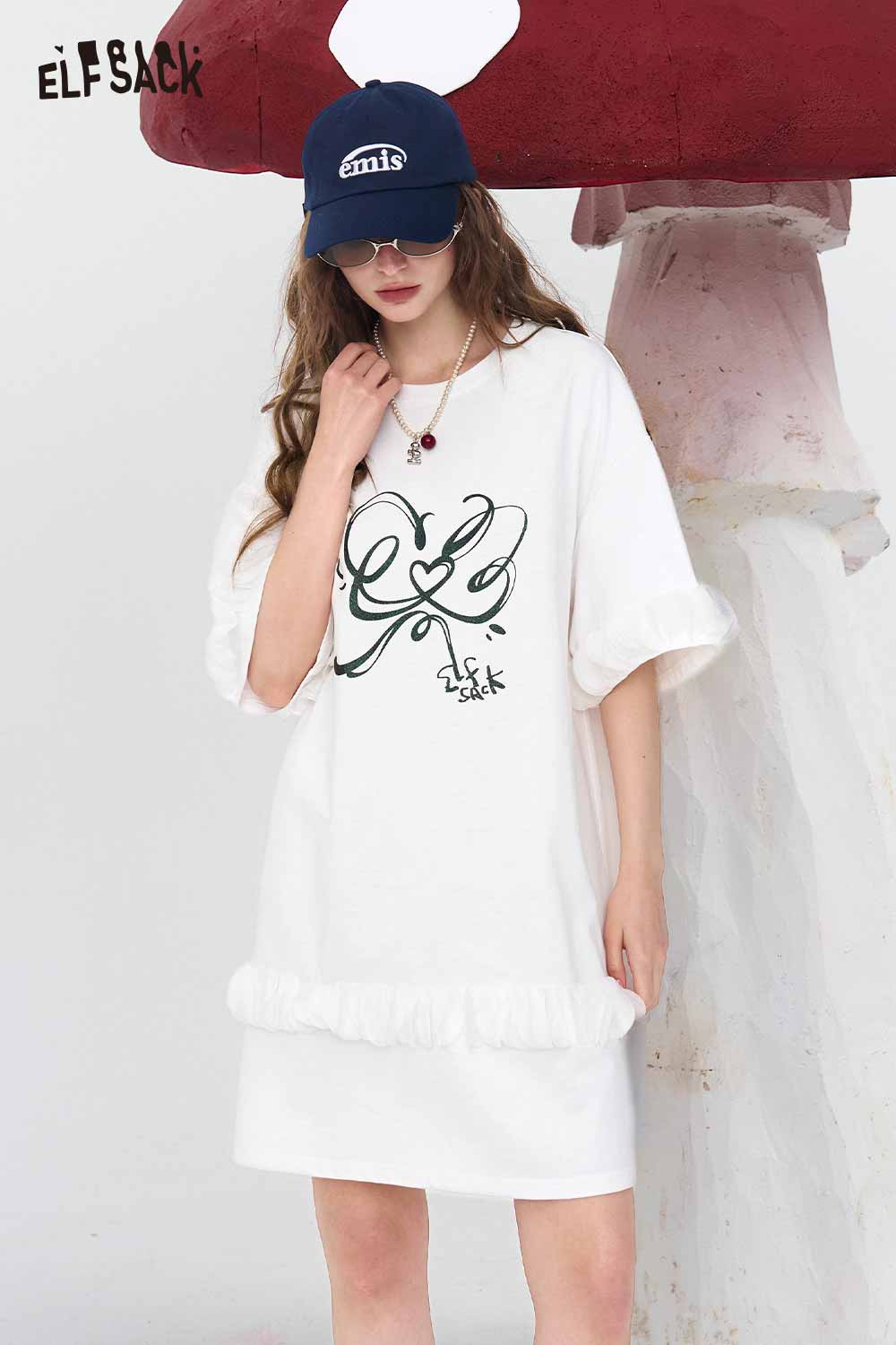 ELFSACK Ruffle Hem Graffiti Print T-Shirt Dress