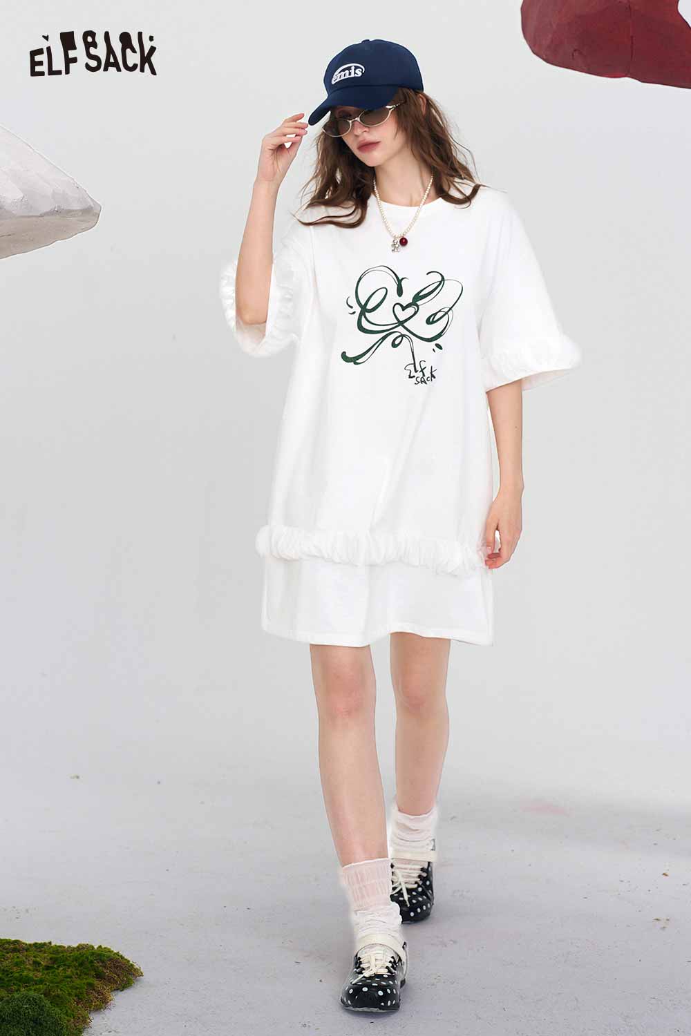 ELFSACK Ruffle Hem Graffiti Print T-Shirt Dress