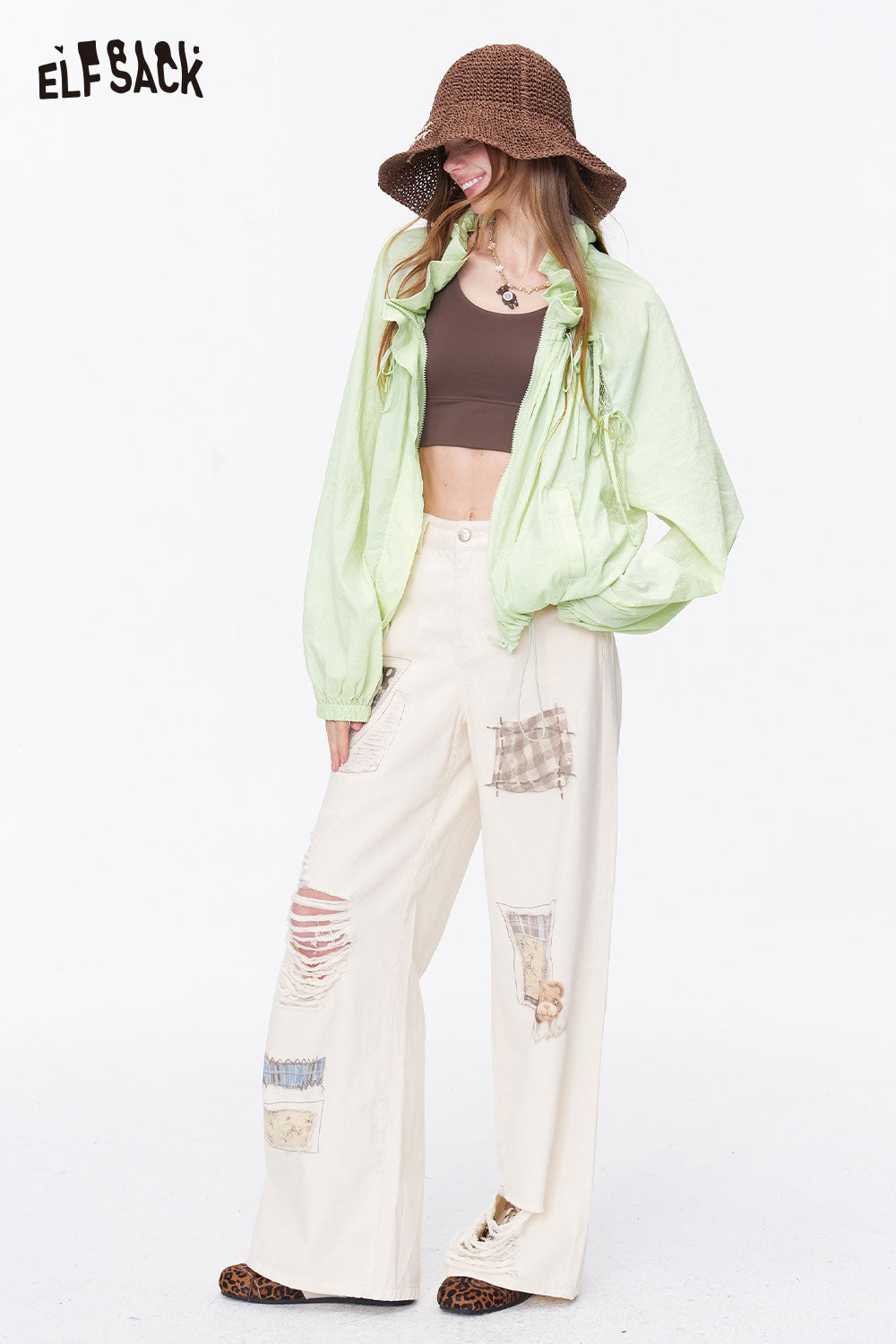 ELFSACK Ruffle Tie Neck Cropped Lace Jacket