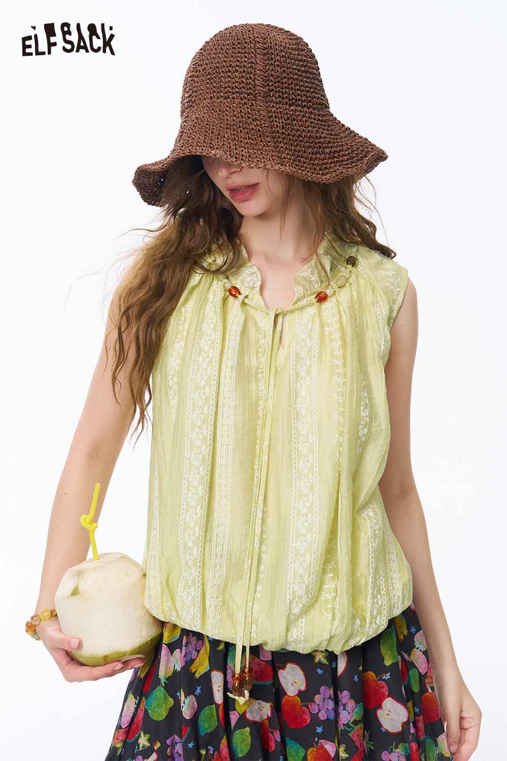 ELFSACK Ruffle Tie Neck Lace Sleeveless Blouse