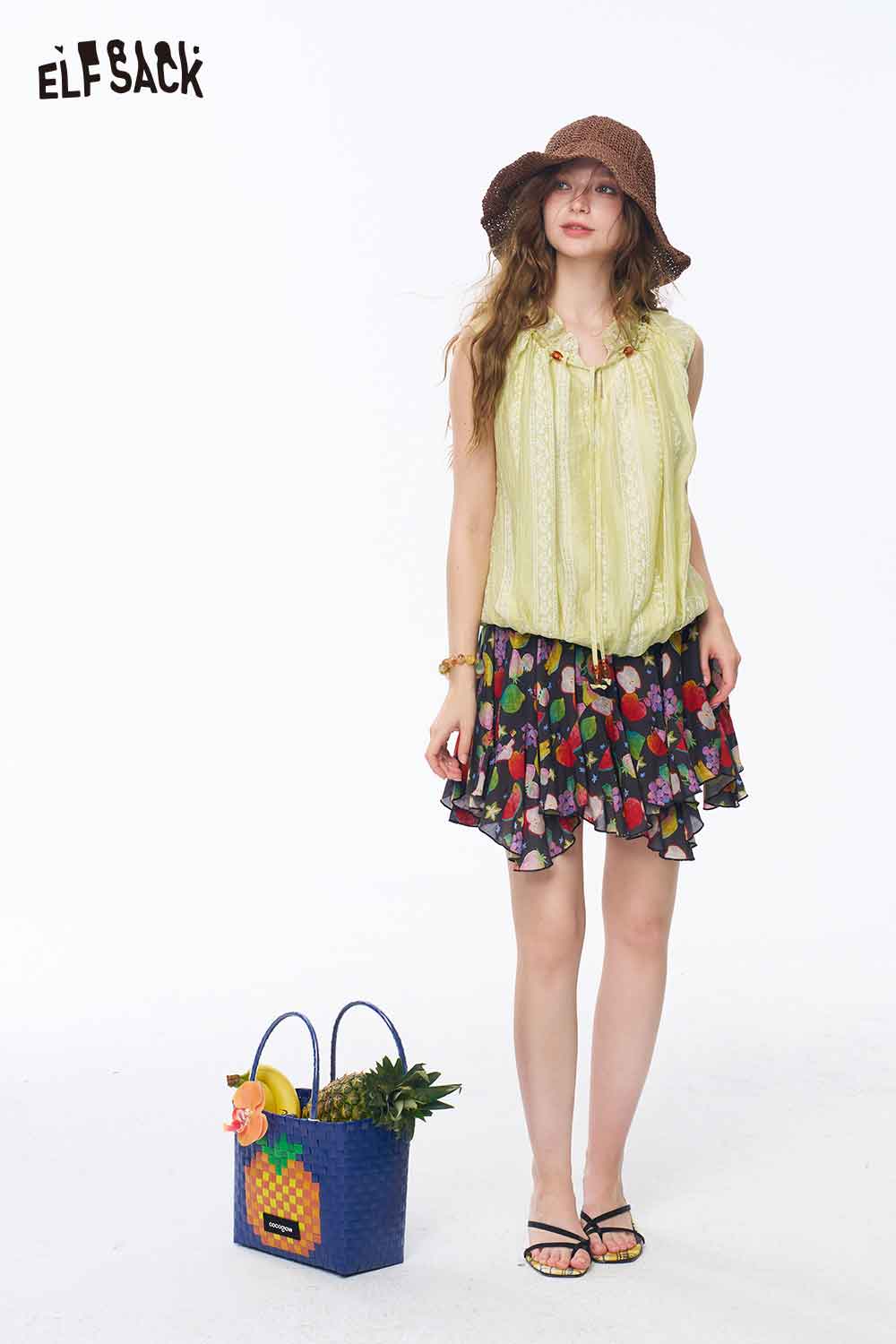 ELFSACK Ruffle Tie Neck Lace Sleeveless Blouse