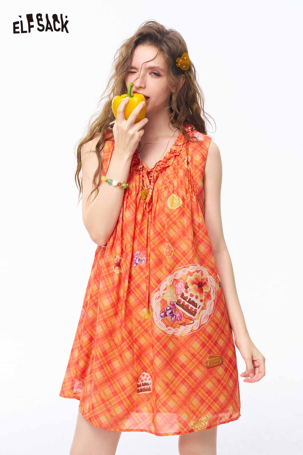 ELFSACK Ruffle V Neck Gingham Fruit Print Dress