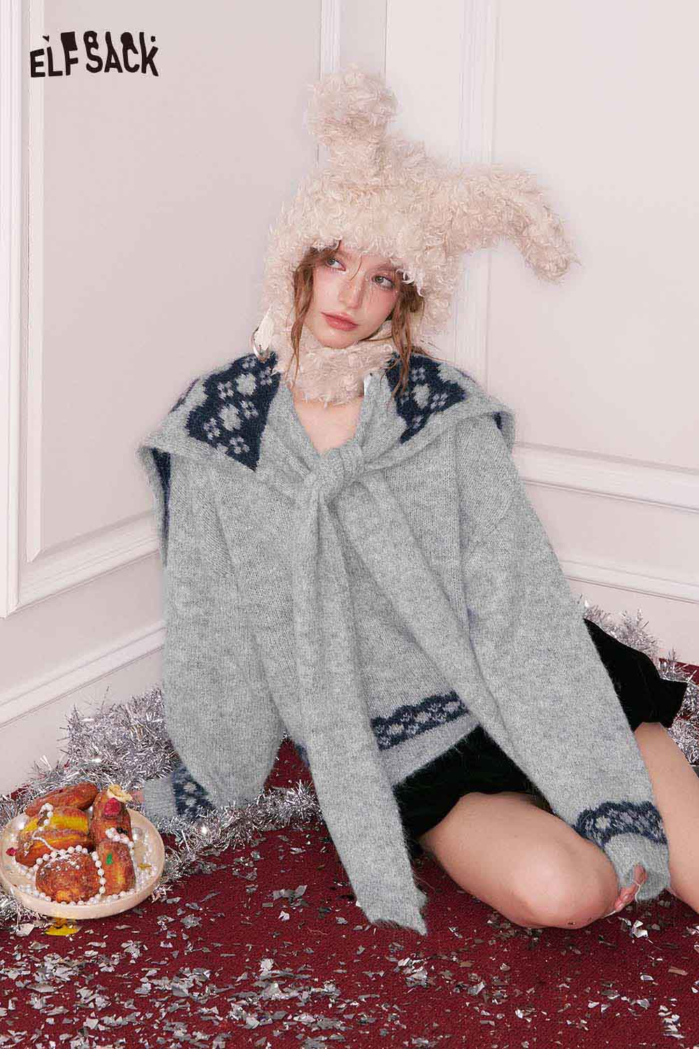 ELFSACK Design Solid Graphic Sailor Collar Bow Sweater