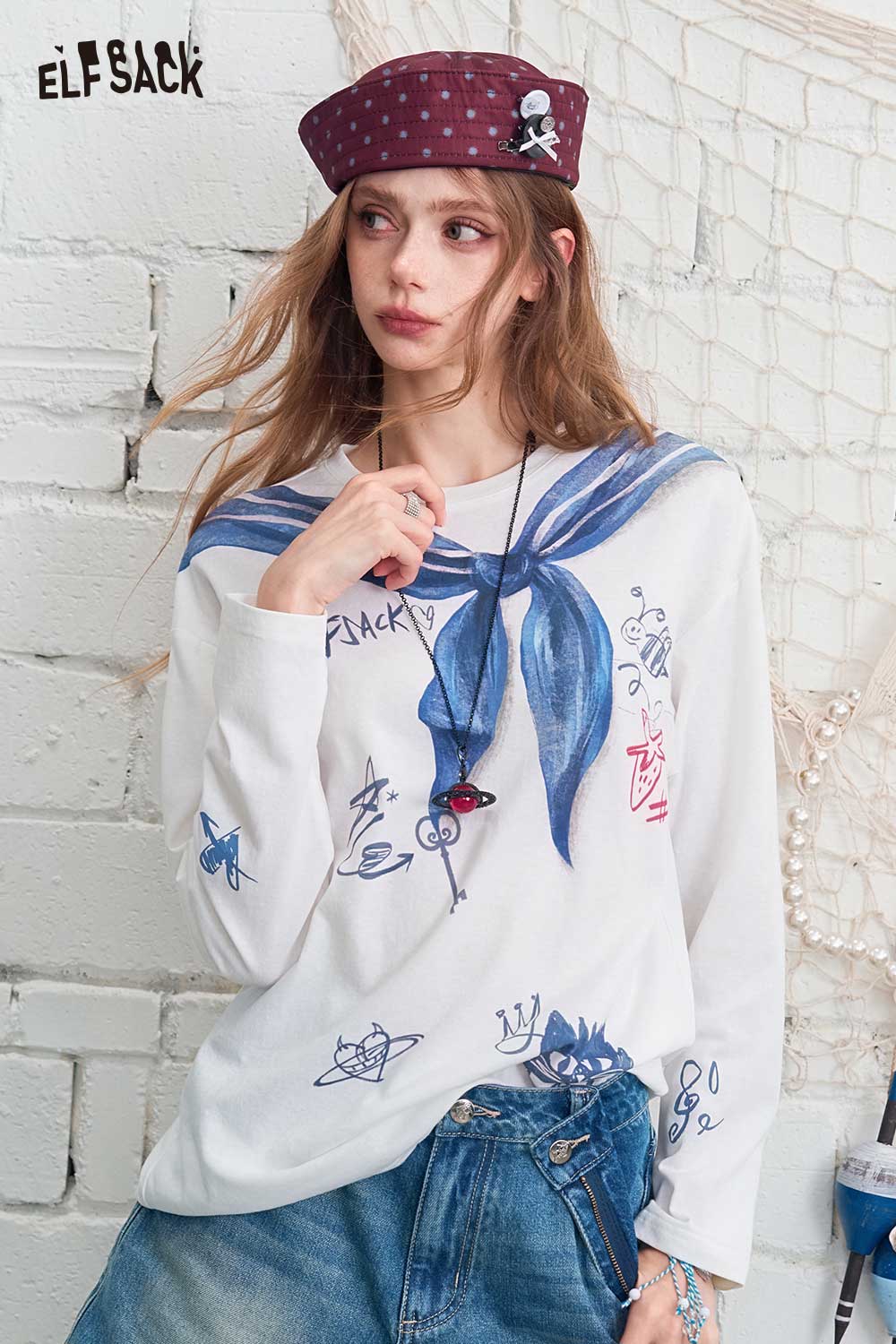 ELFSACK Sailor Collar Graffiti Print Long Sleeve Tee