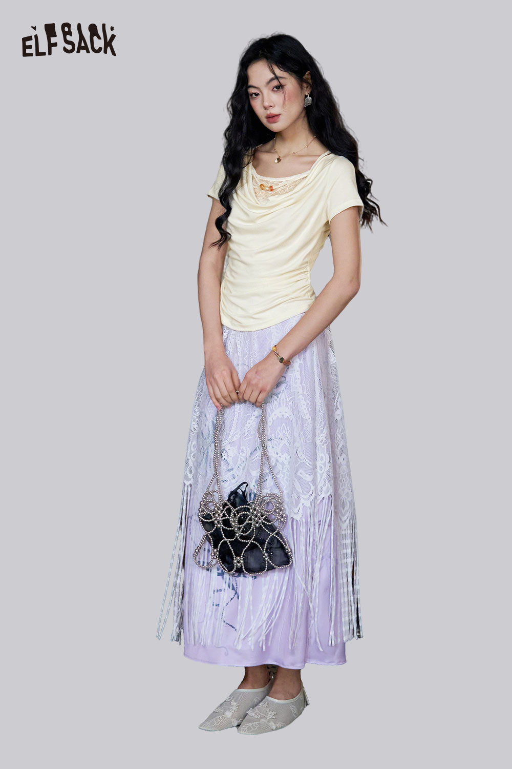 ELFSACK Satin Butterfly Lace A-Line Skirt