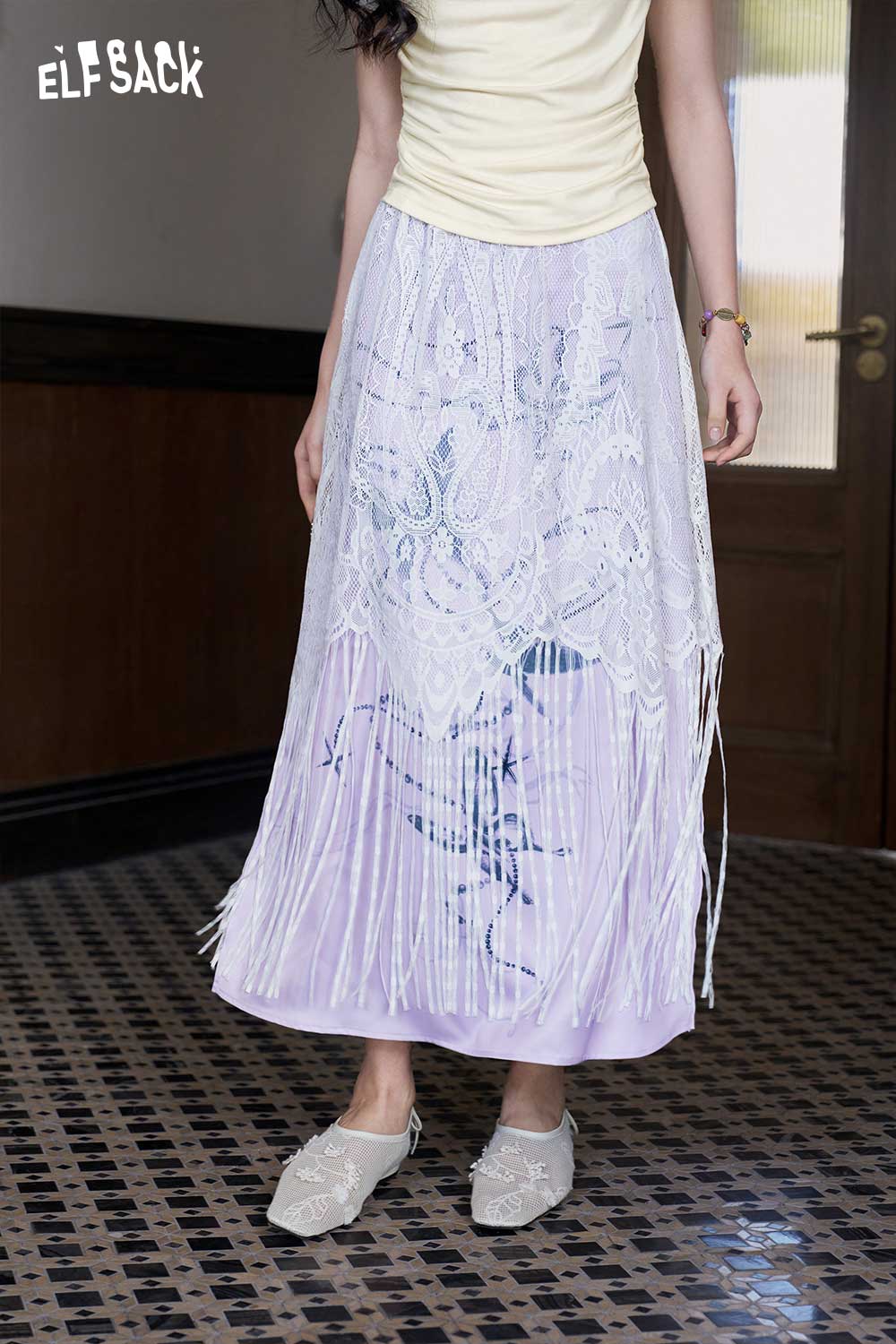 ELFSACK Satin Butterfly Lace A-Line Skirt